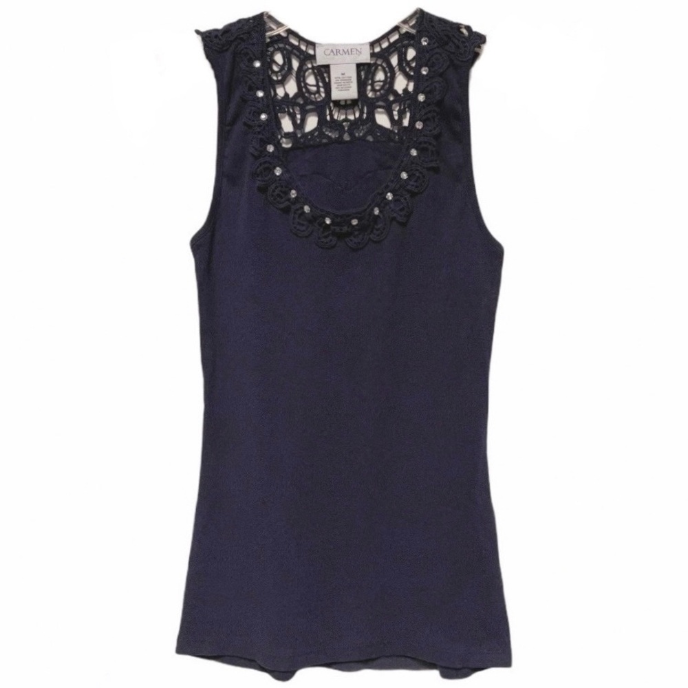 Carmen Marc Valvo Jeweled Crochet Lace Tank Top
